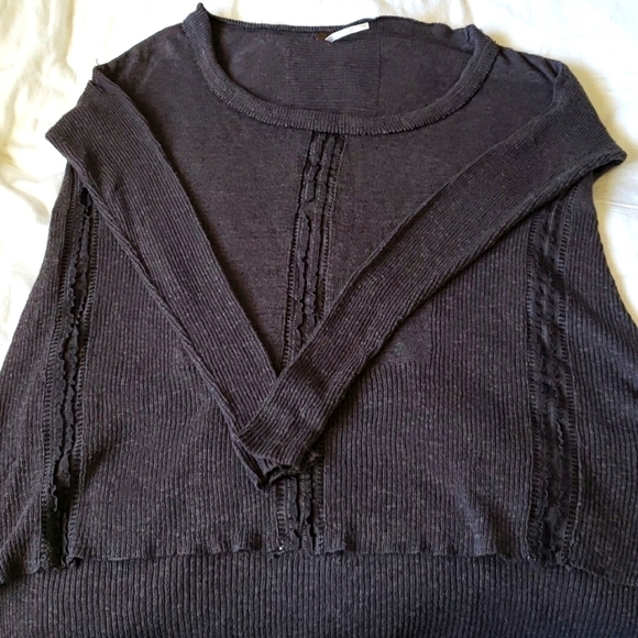 Free People Tops - 𝅺FREE People Oversized Long-Sleeve Ribbed Lace-Trim High-Low Top, Grey, XS